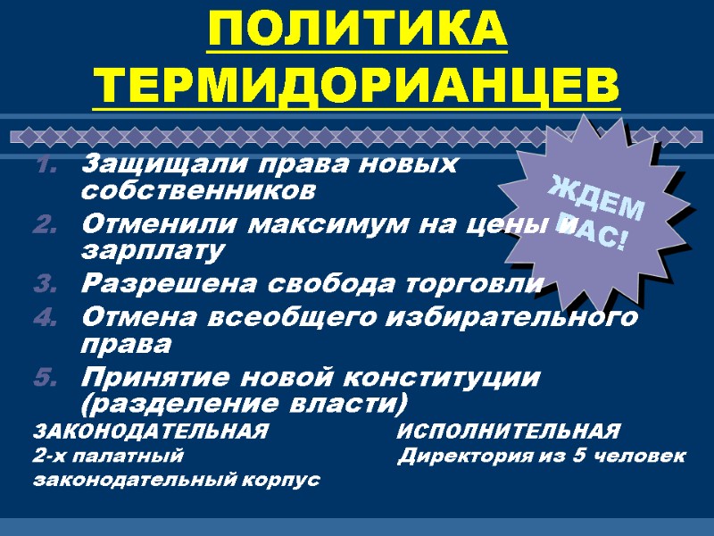 ПОЛИТИКА ТЕРМИДОРИАНЦЕВ Защищали права новых собственников Отменили максимум на цены и зарплату Разрешена свобода